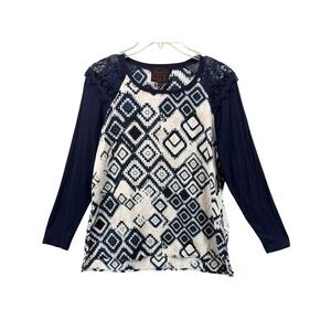French Blue Shirt Women PM Petite Blue‎ Geometric Lace Shoulders Raglan Boho